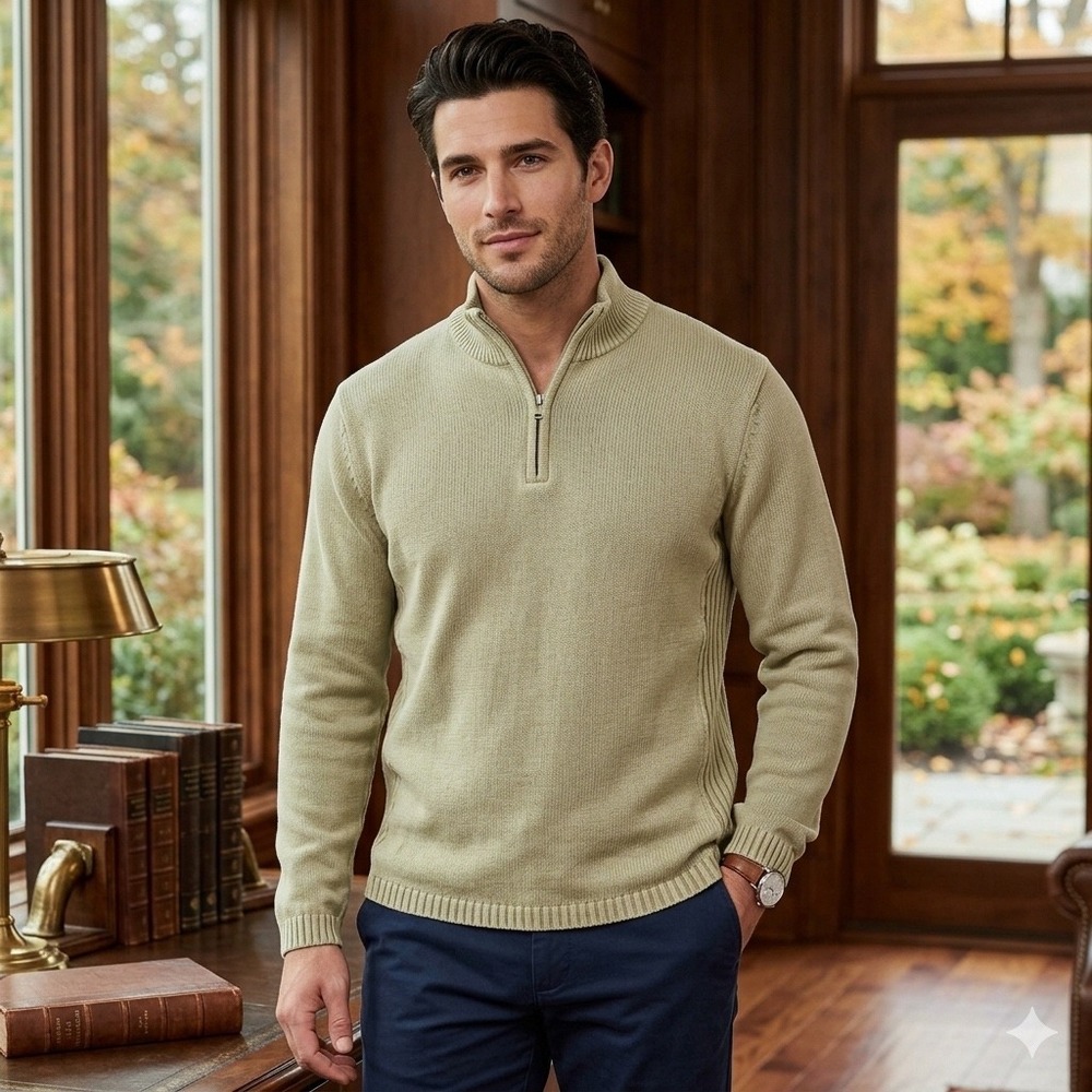 BKE Mens Sage Green Ramie Cotton Blend Quarter Zip Ribbed Pullover Sweater L